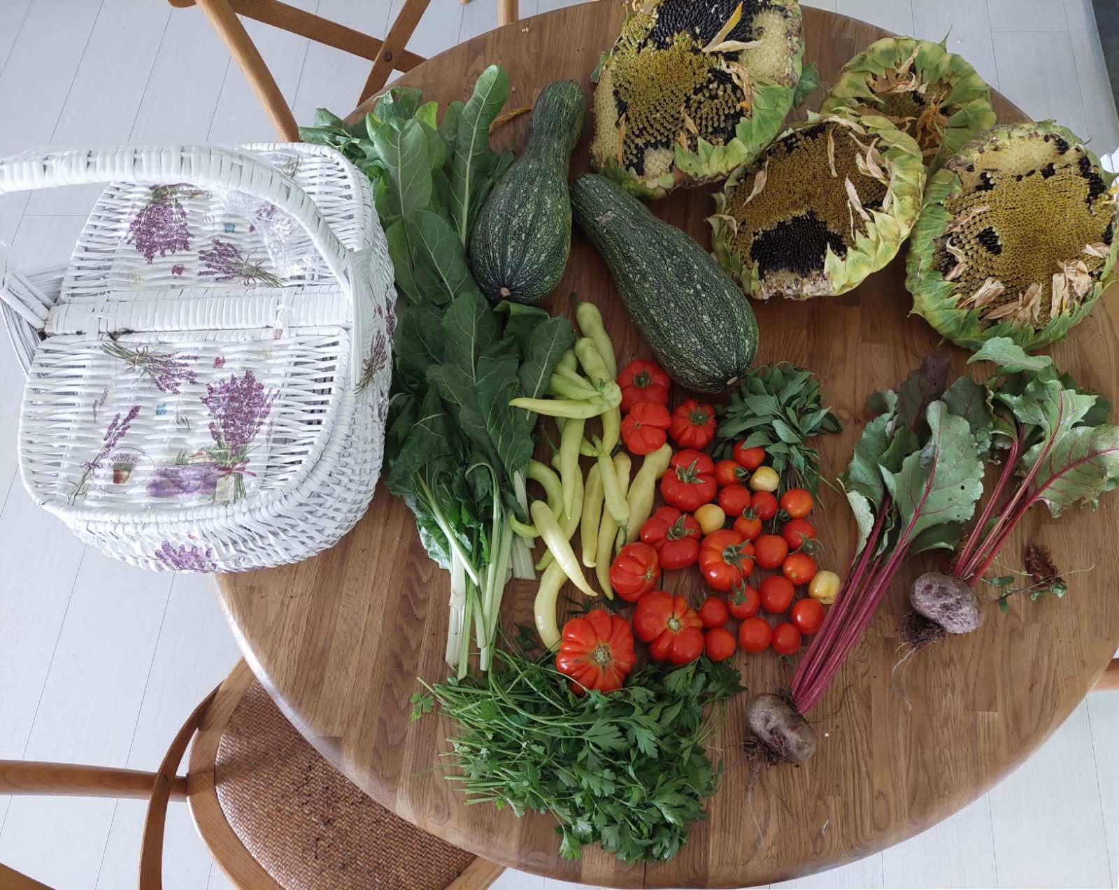 Freshly harvested courgettes, tomatoes, beans, chard, beetroot and herbs laid out on a round wooden table